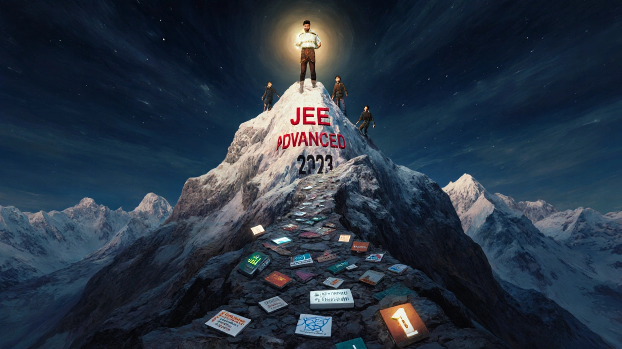 Mountain summit with JEE Advanced topper at peak, others below, error logs as stepping stones.