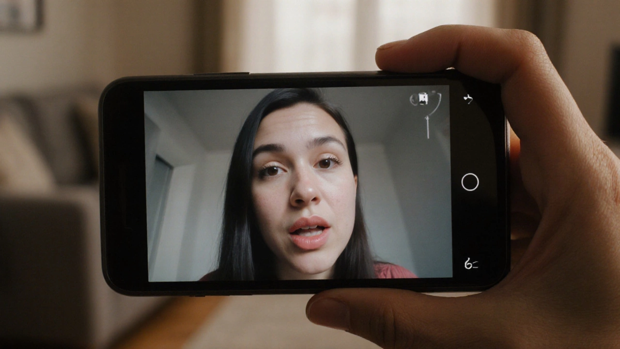 Person mimicking a YouTube speaker’s pronunciation with lips moving in sync.