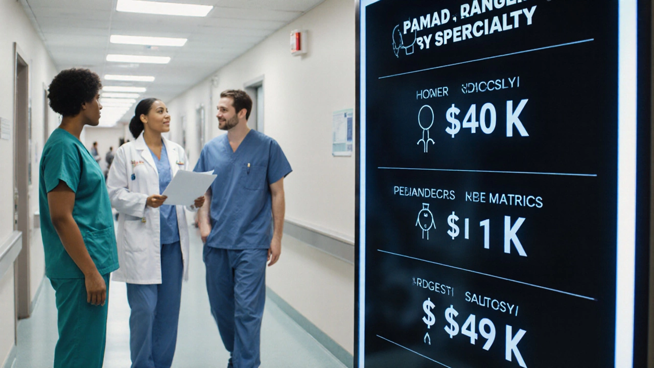 Physicians in a hospital hallway with a digital salary board showing specialty earnings.