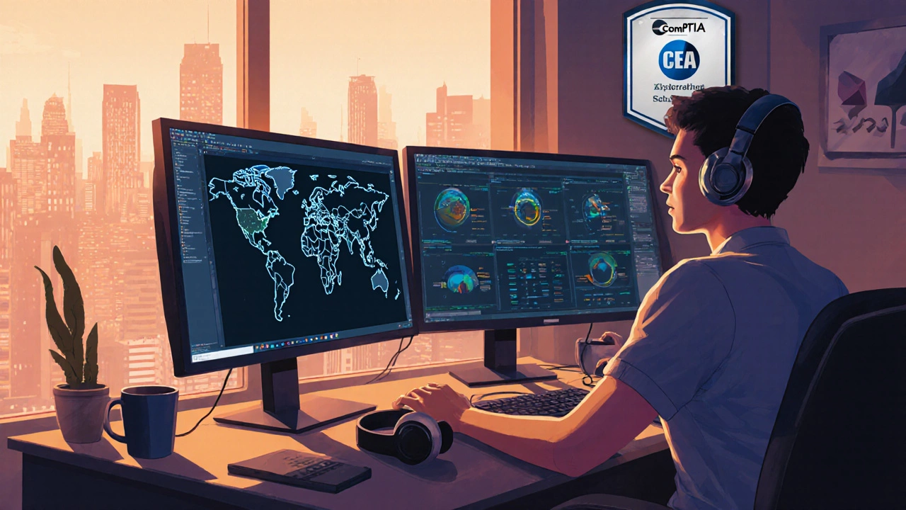 Remote IT professional managing network systems on dual monitors at home.