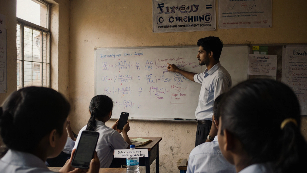 Shreyansh teaching students in a government school classroom with minimal resources and focused learners.