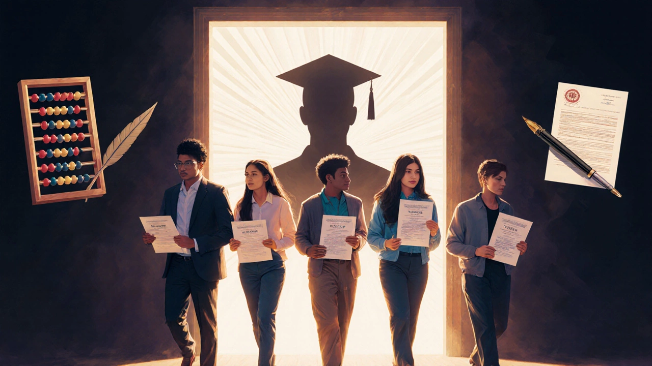 Students walking through doorway as CBSE certificates turn into U.S. college acceptance letters