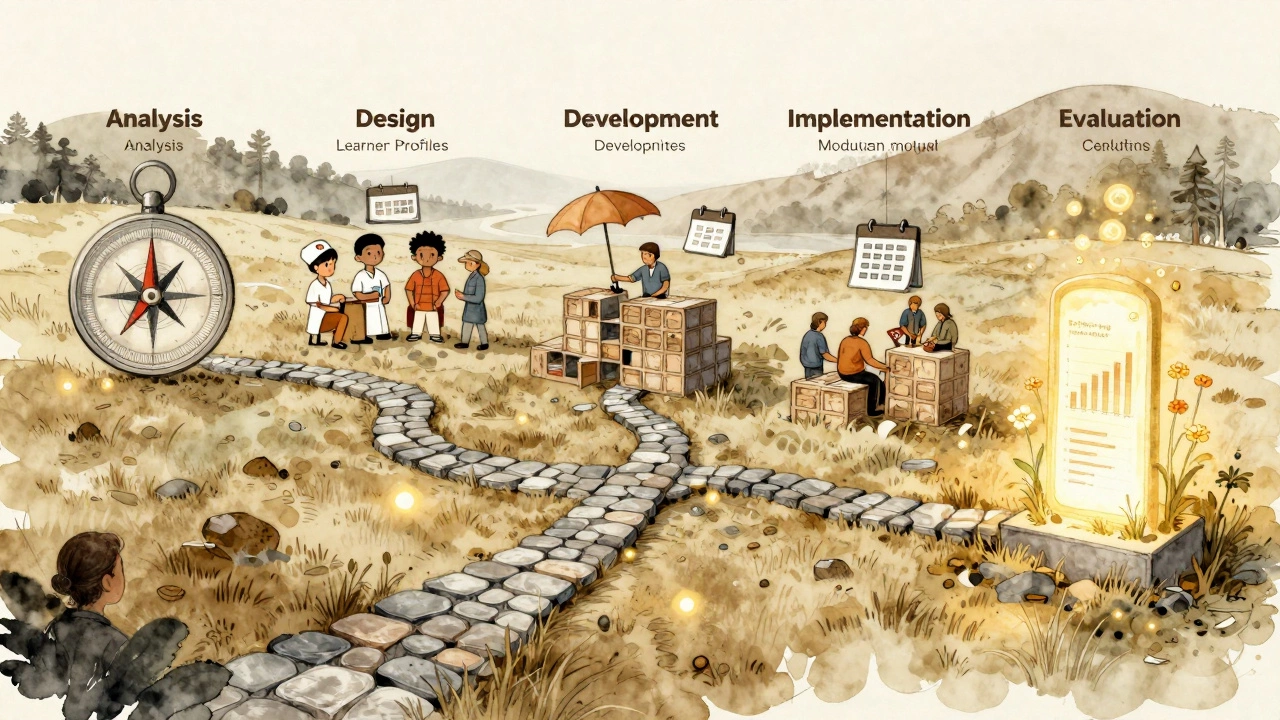 A roadmap illustrating the five phases of eLearning as a journey through a landscape with symbolic elements.