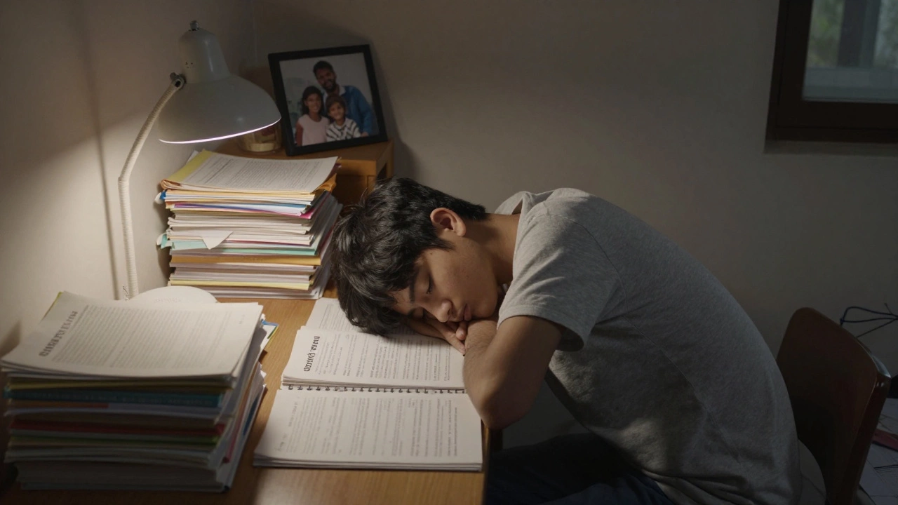 A young student asleep at a desk covered in UPSC study materials, a single lamp glowing in a quiet rural room.