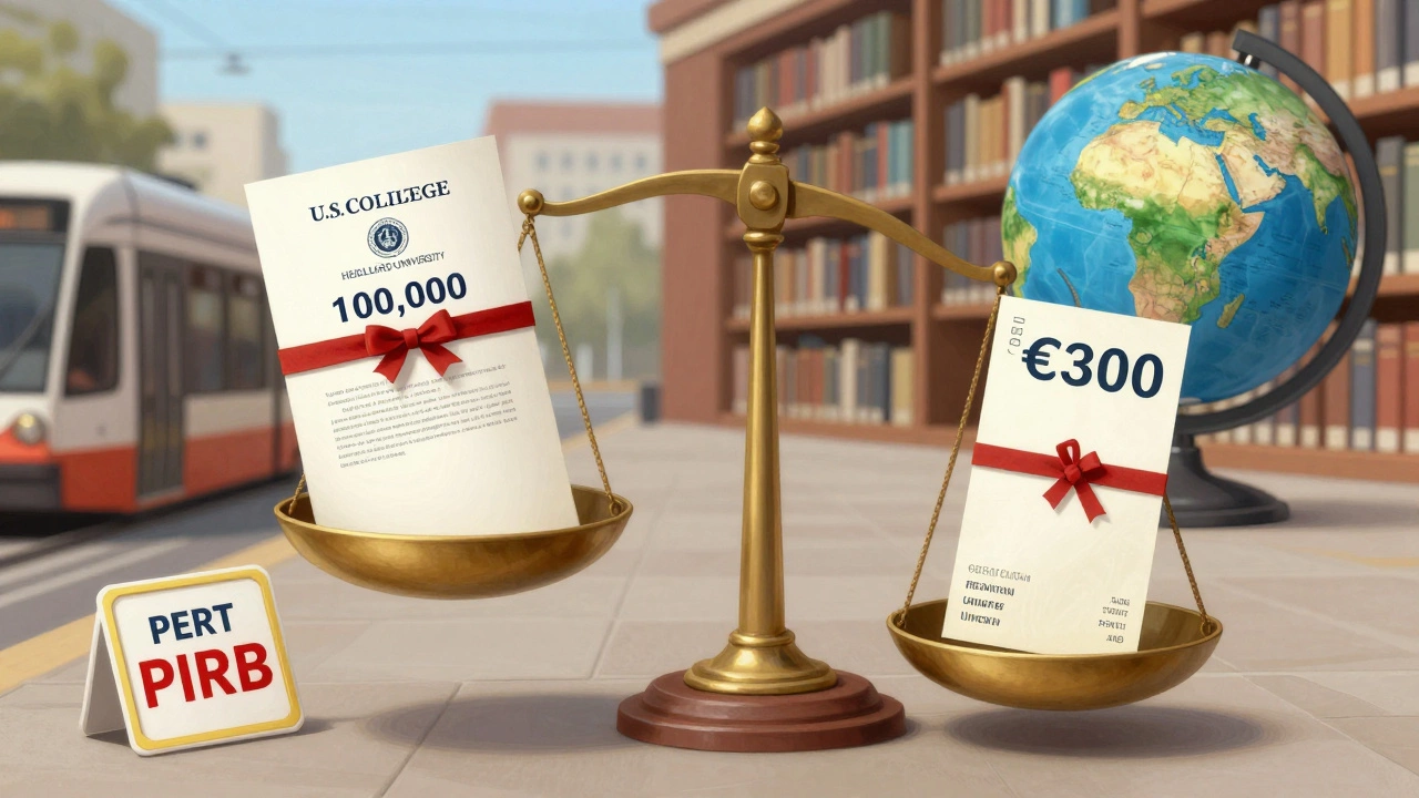 Balance scale comparing U.S. student debt vs. European degree with global symbols.