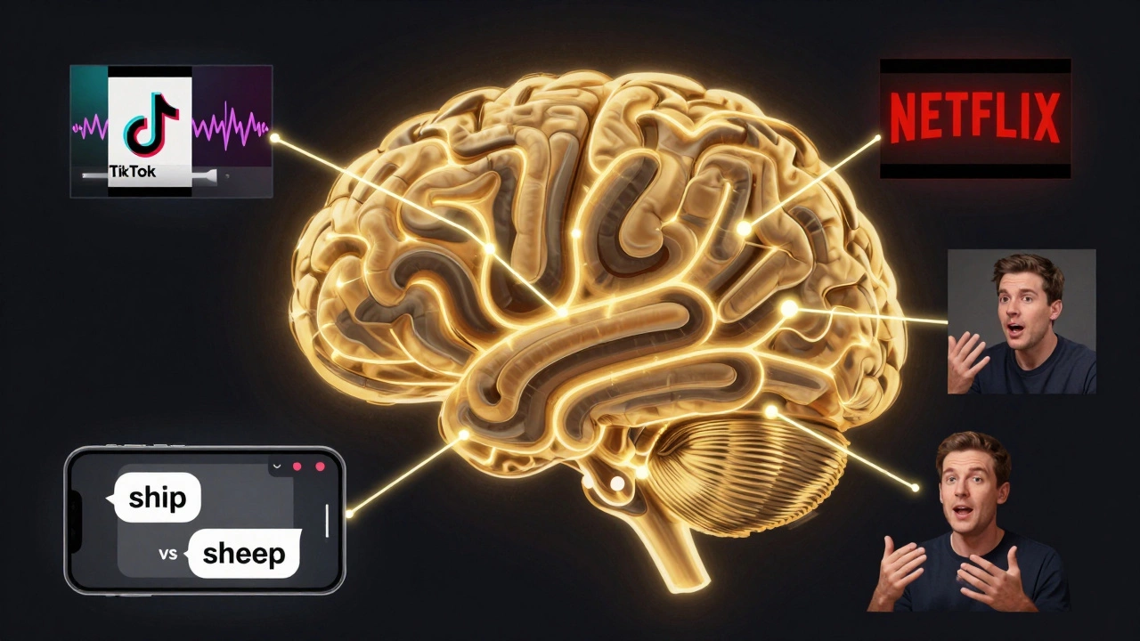 Brain with glowing pathways linking listening inputs to spoken output, pronunciation practice shown.