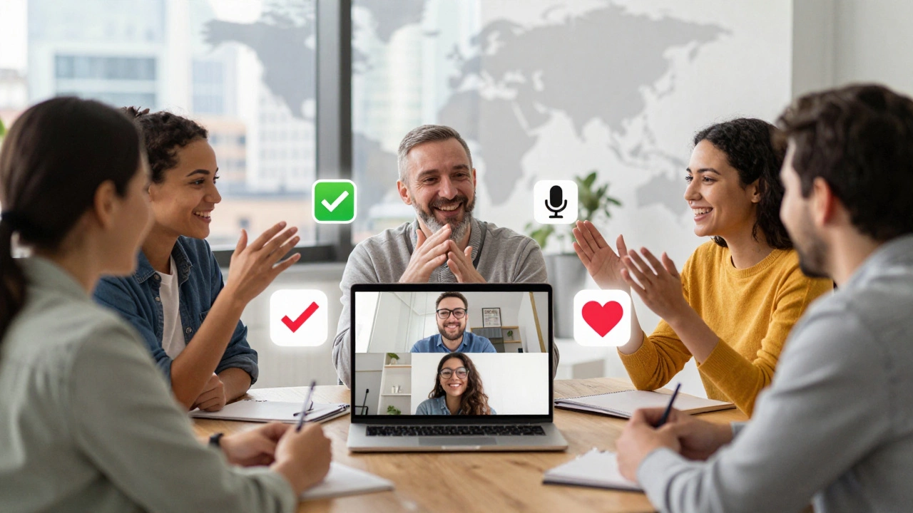 Diverse group engaging in a warm online English conversation circle.