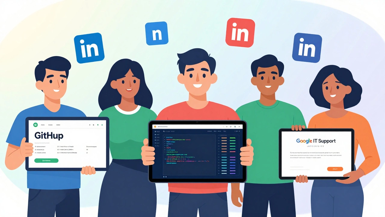 Diverse individuals displaying digital portfolios with GitHub, Tableau, and IT certificates