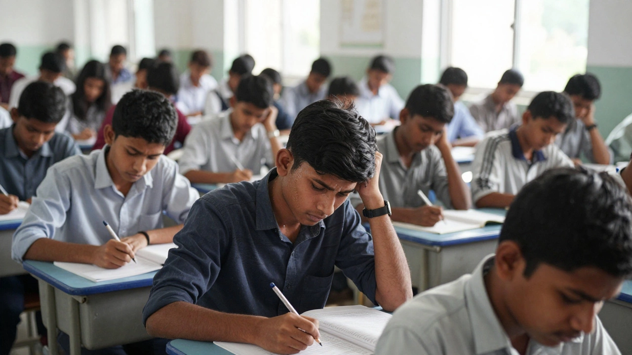 Examination hall during IIT JEE, students intensely focused, silent and stressed under harsh lighting.