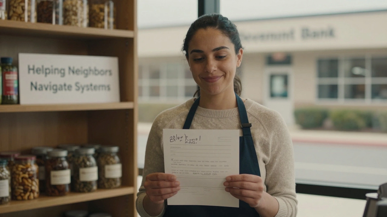 Former barista holding a job application beside a community food bank, smiling warmly.