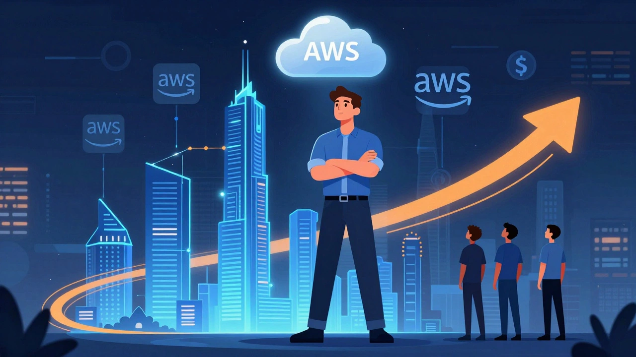 Mid-level developer standing beside a glowing cloud and Kubernetes architecture diagram.