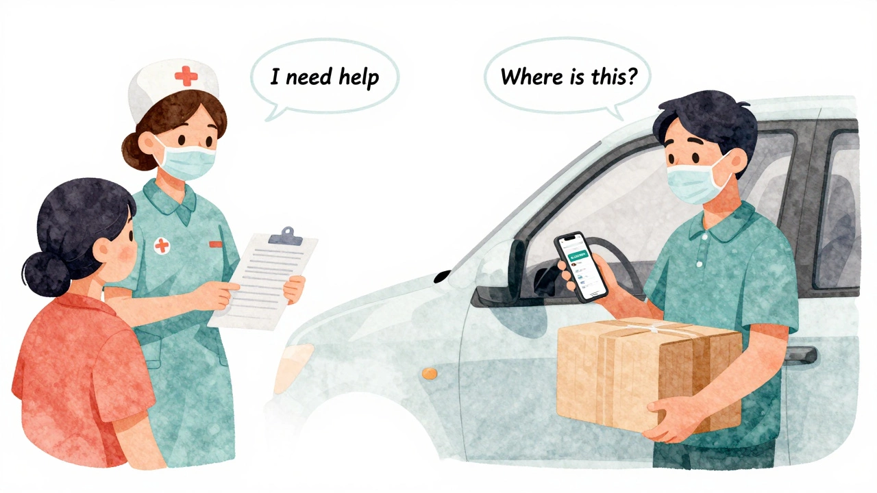 Nurse and delivery driver using English in real-life work situations, contextual communication.