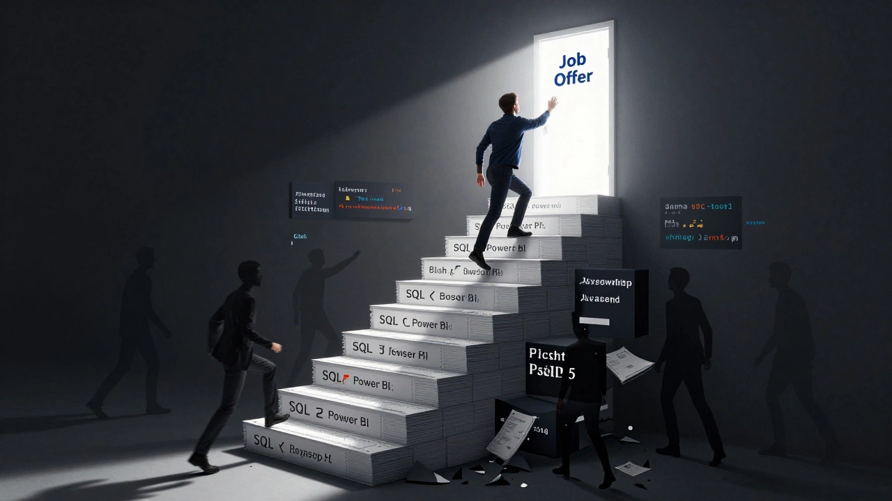 Person climbing a staircase of tech skills toward a job offer door, outdated certs falling away