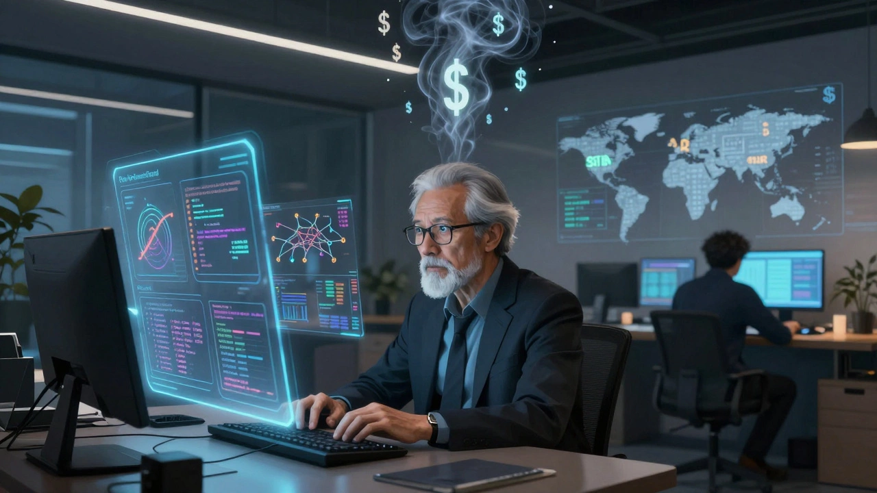 Senior AI engineer surrounded by holographic models and floating salary figures.