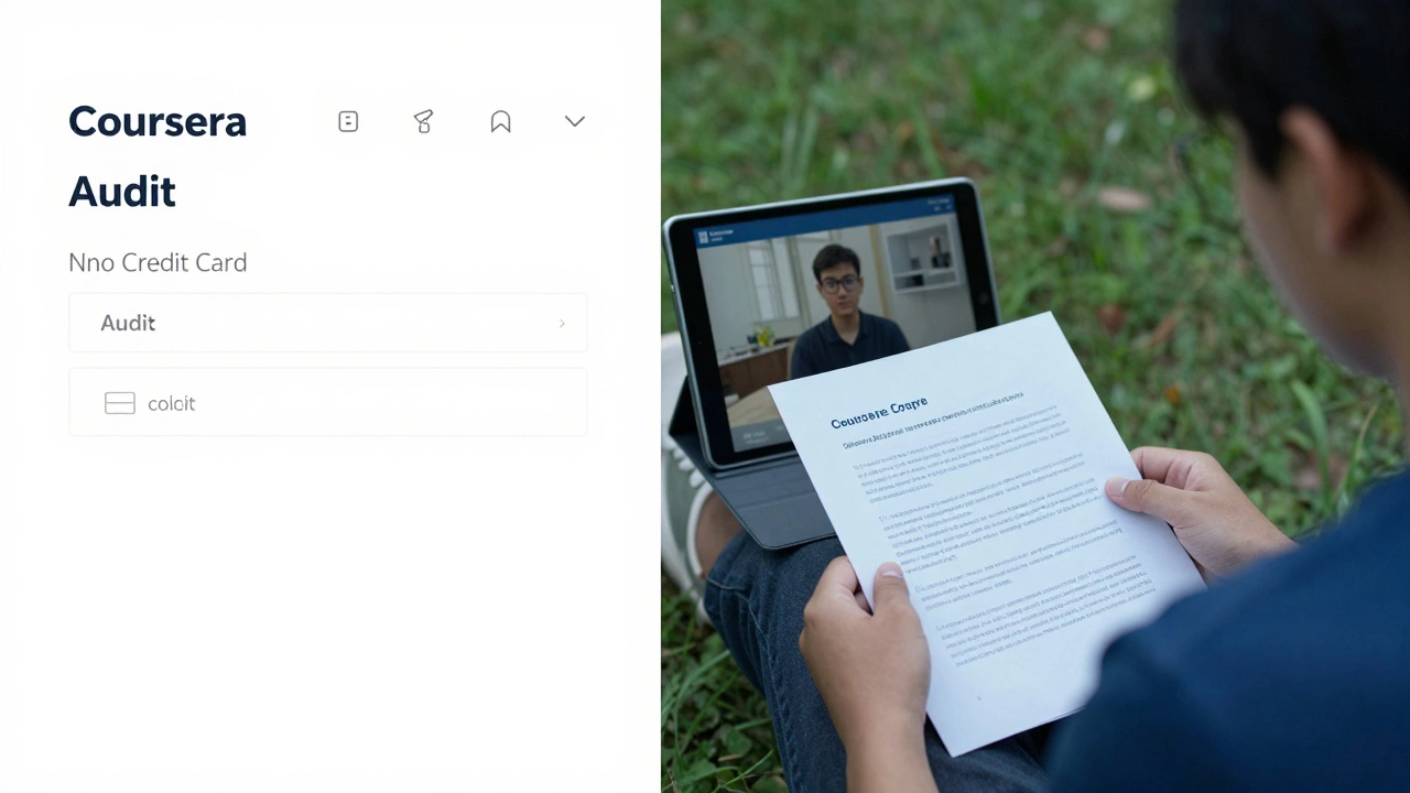 Split scene: user clicking audit button on Coursera, then watching course videos in a park.
