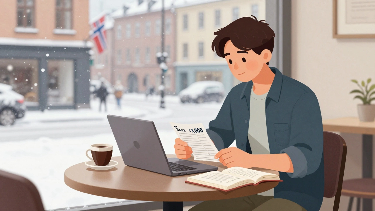 Student in Oslo with bank statement showing living costs for free tuition.