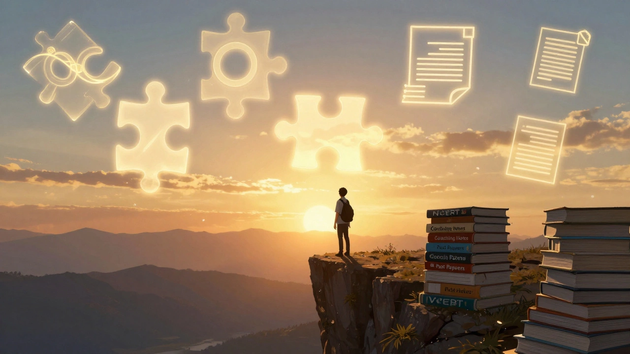 Student standing before a cliff of textbooks, facing unknown problems glowing on the horizon, symbolizing preparation for the unexpected.