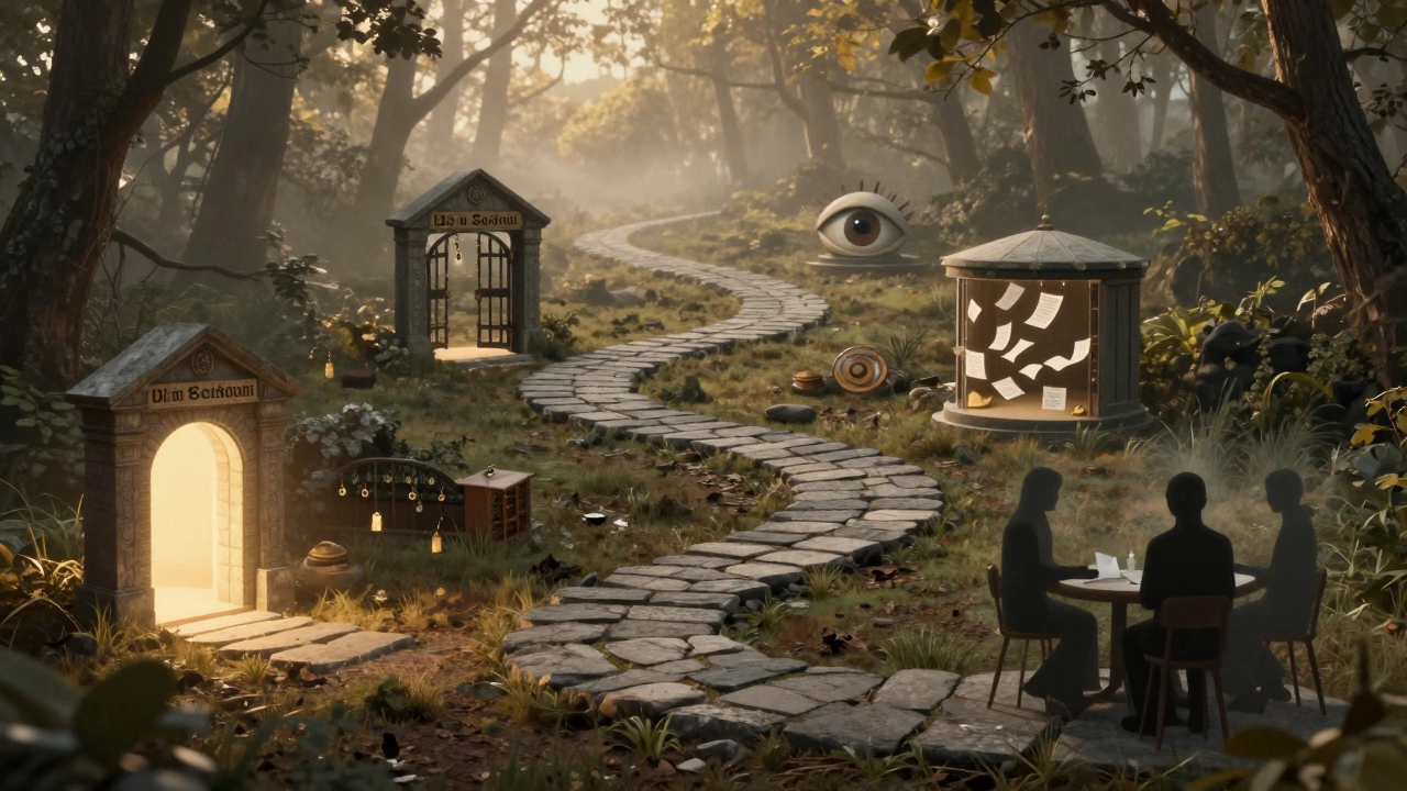 Symbolic path representing the five stages of government hiring through a forest landscape.