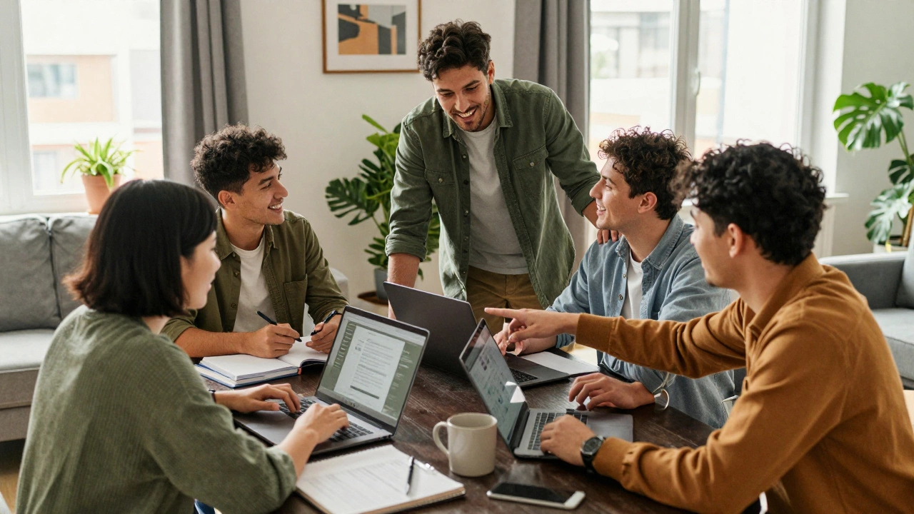 A small group of learners and a mentor gathered around a table, sharing a moment of connection and encouragement.
