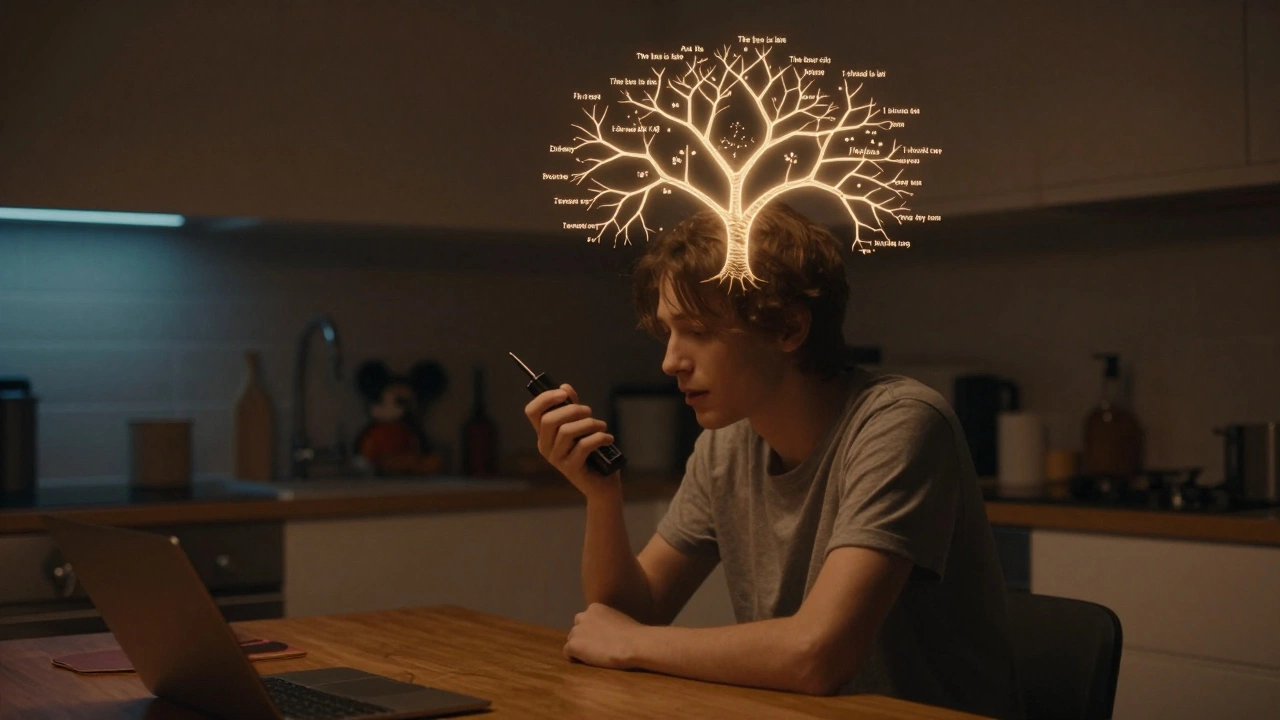 Abstract neural tree growing from a person's head with English phrases as branches.