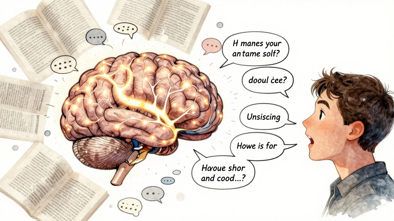 Brain with glowing neural pathways activated by spoken English