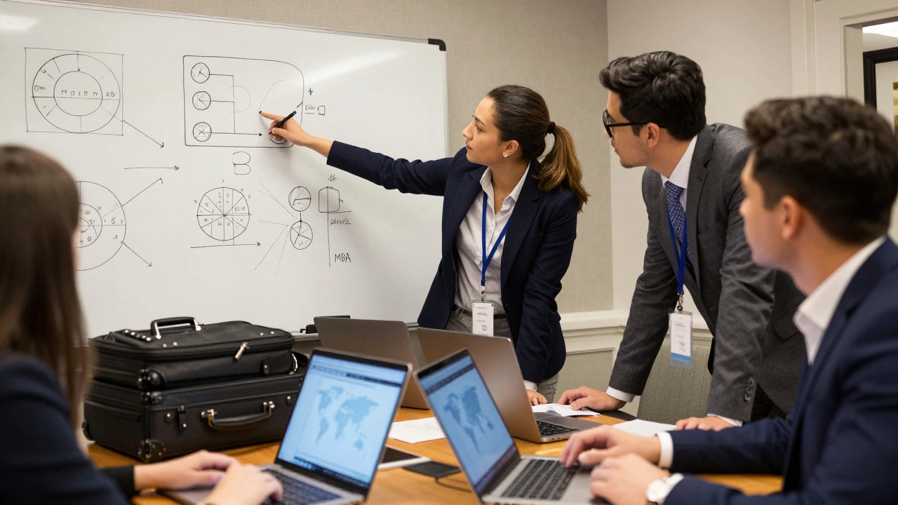 Consulting team in a hotel room presenting strategic plans with suitcases and whiteboards around them.