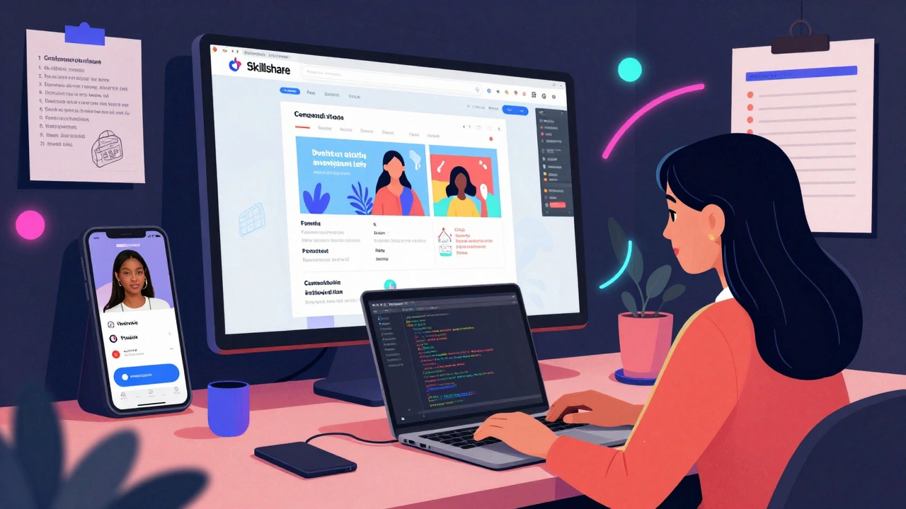 Creative learner building a website with coding and project visuals.