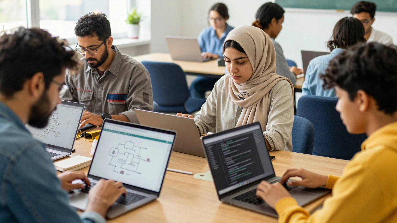 Diverse individuals using free online courses to build real projects in a community center.