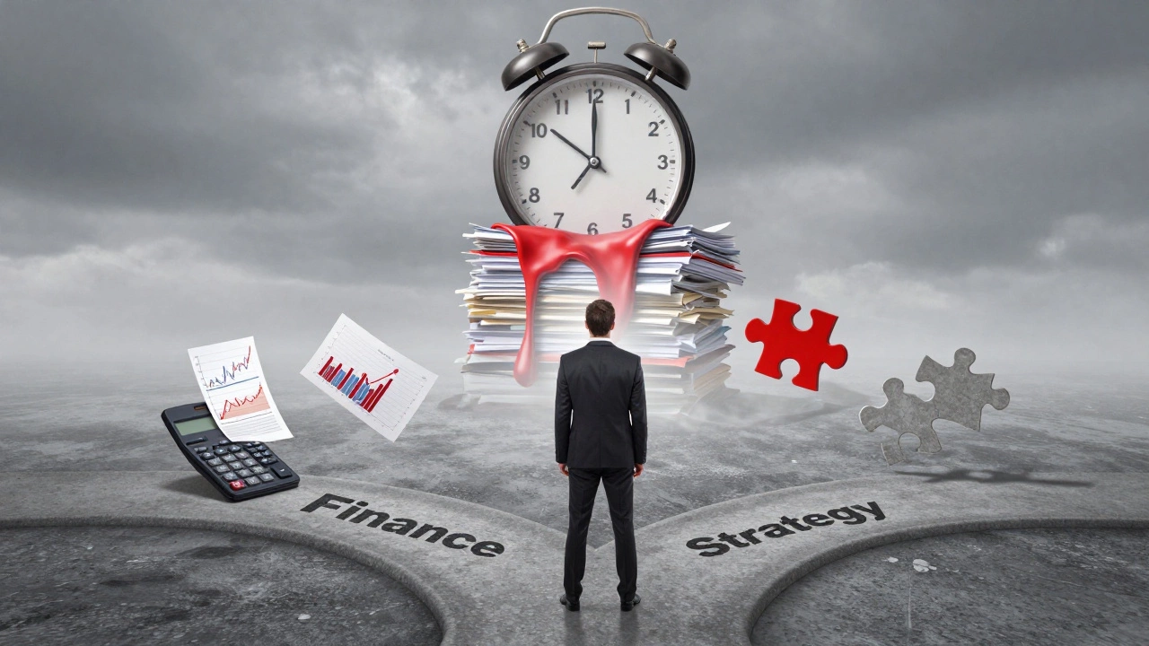 Person at a crossroads with finance charts and strategy puzzles, symbolizing MBA pressure.