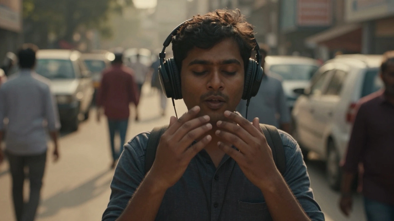 Person walking in a city, mimicking English audio through headphones with hand gestures.