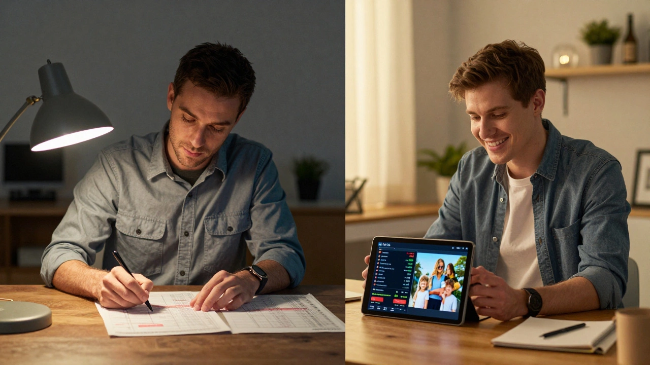 Side-by-side comparison: a federal employee struggling with bills vs. a private-sector worker enjoying financial freedom.