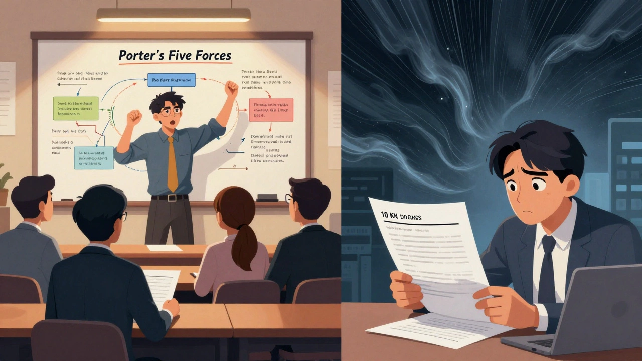 Split classroom scene showing strategy debate on one side and financial analysis on the other.