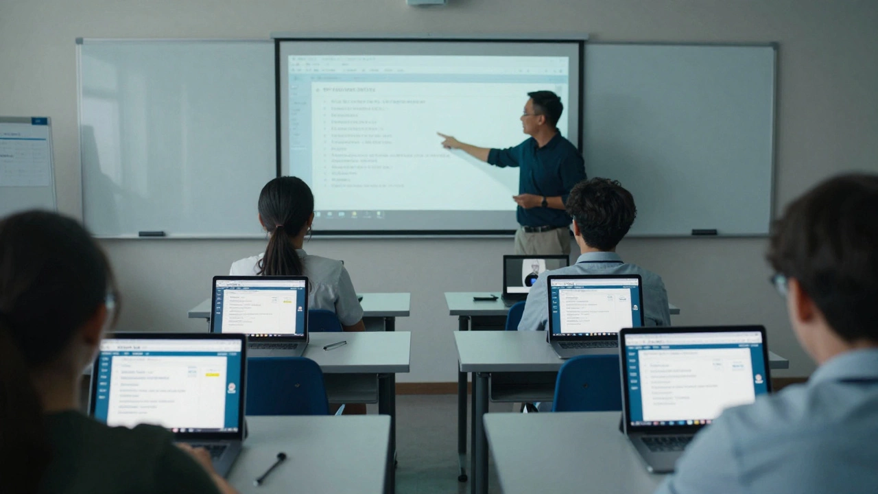 Students using a learning management system in a modern classroom.
