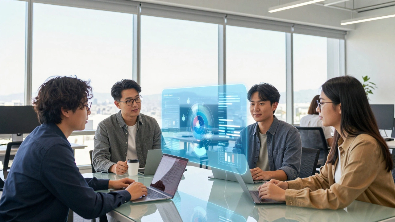 Tech product manager working with engineers using holographic interfaces on a sunny Silicon Valley campus.