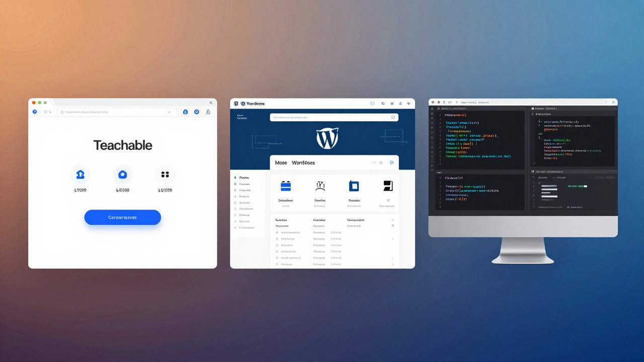 Three eLearning platform options shown side by side: no-code, open-source, and custom-built interfaces.
