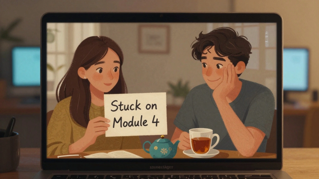 Two people video-calling with warm expressions, one showing a handwritten note about struggling with coursework.