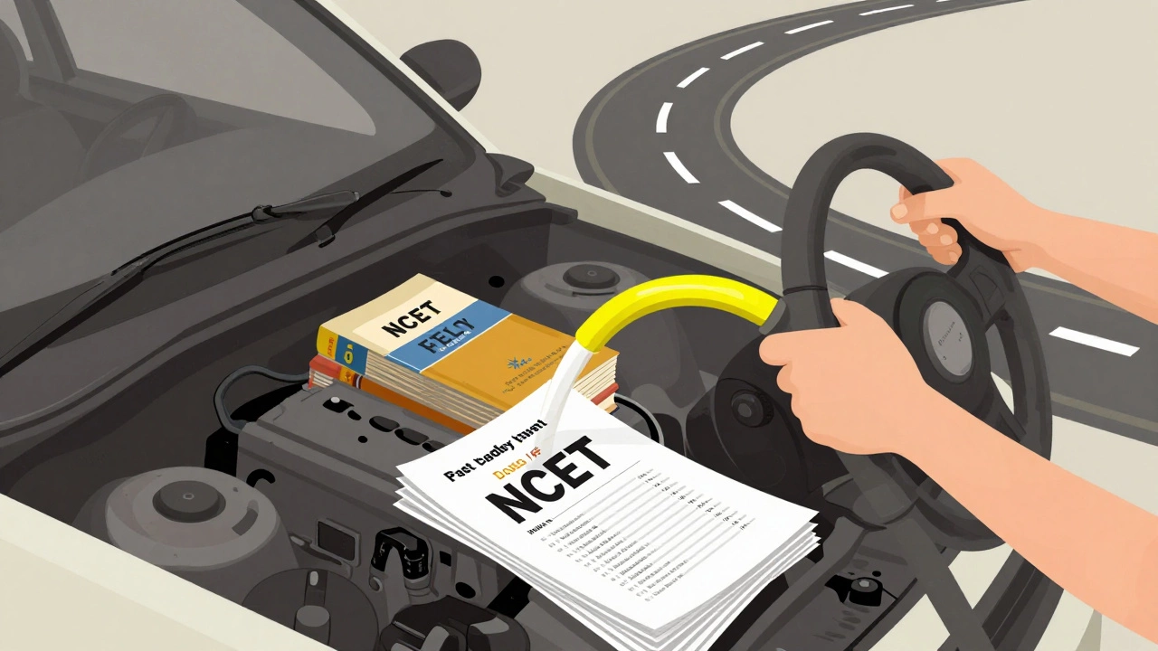A car metaphor: coaching as engine, NCERT as fuel, past papers as road, and a student driving toward NEET success.