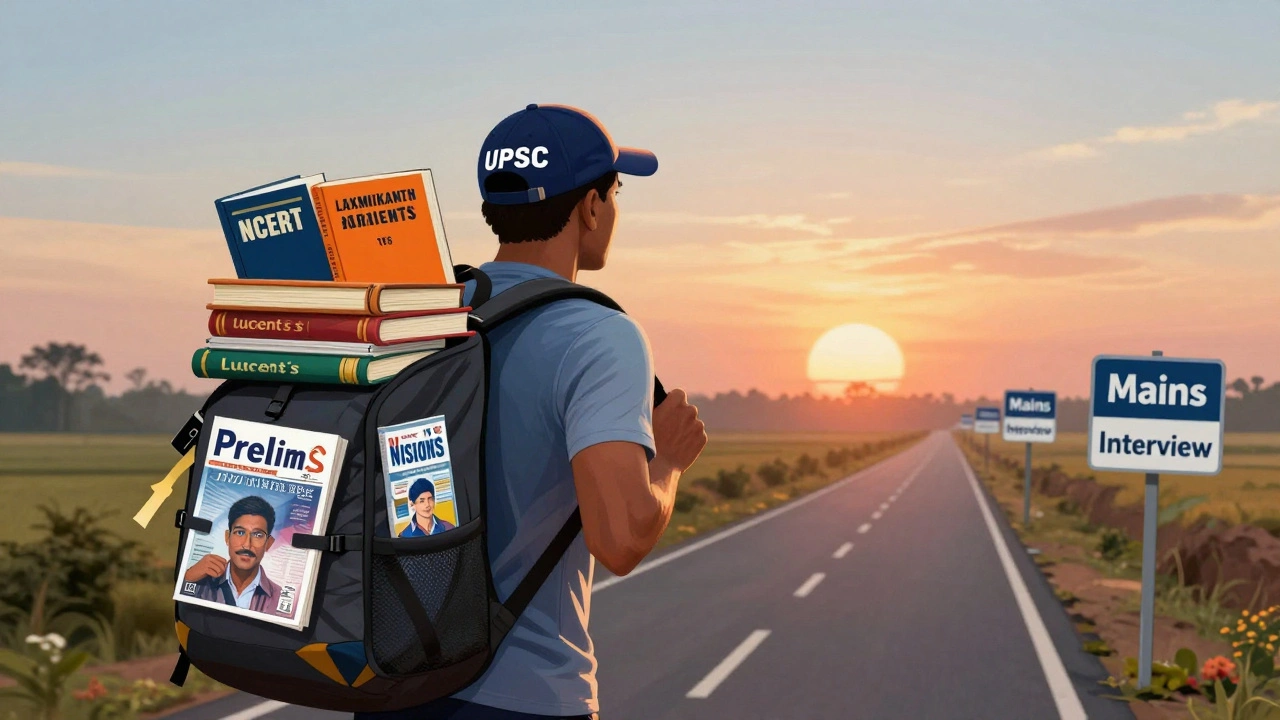 A runner carrying books as milestones on a path toward government exam success.