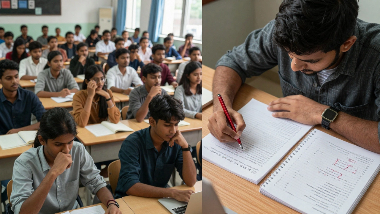 A split scene showing a crowded coaching class versus a top scorer solving past NEET questions with a mistake journal.