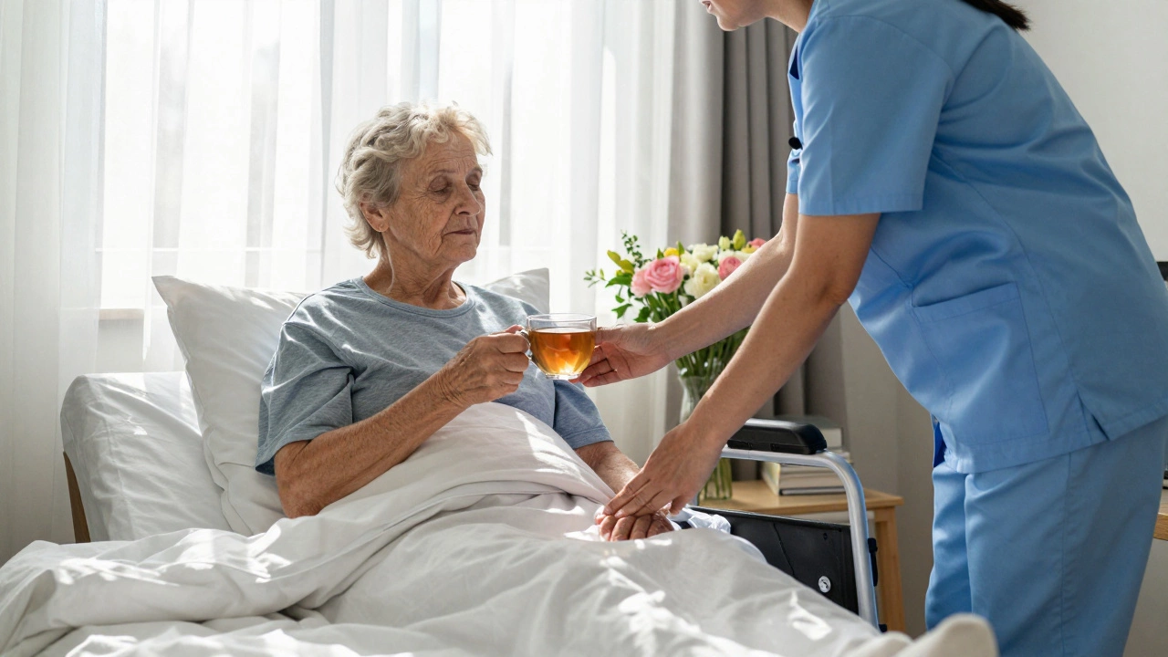 Community support worker helping an elderly woman in a cozy home at sunrise.