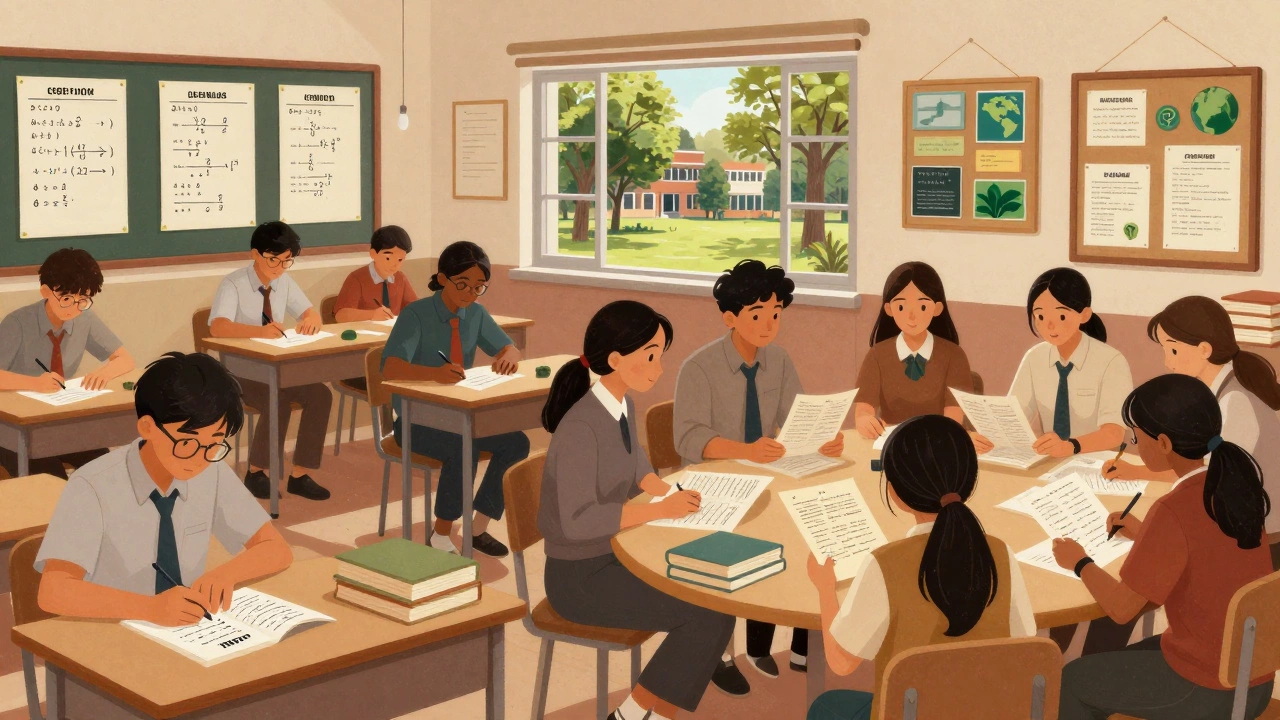 Contrasting classroom scenes: CBSE math focus on left, ICSE literature discussion on right.