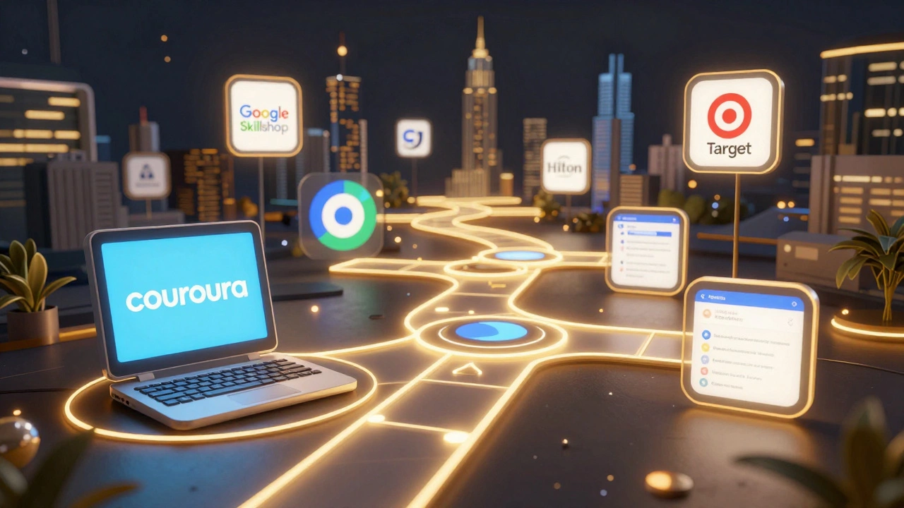 Digital pathway connecting Google learning tools to job opportunities at major companies