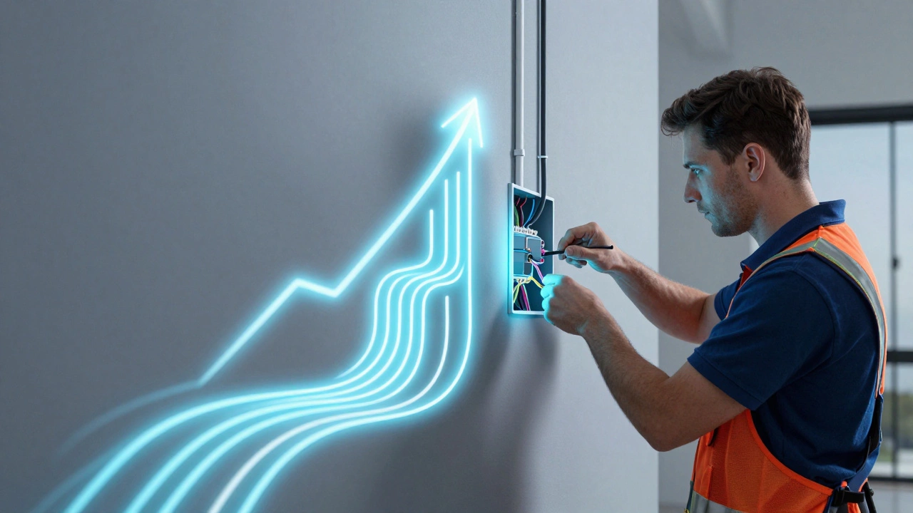 Electrician apprentice installing wiring with glowing circuits symbolizing career growth