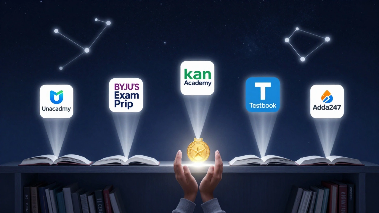 Five digital education platforms shining light toward a medal, symbolizing unified exam success.