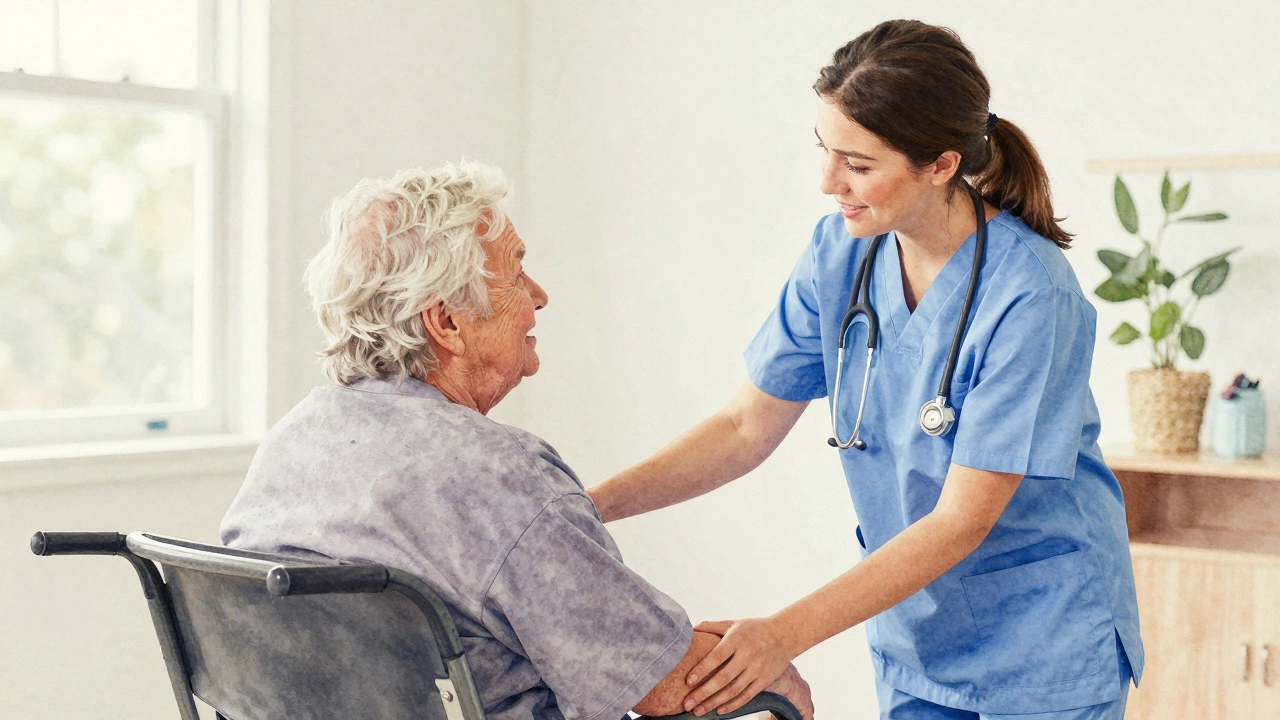 Healthcare assistant comforting elderly patient in aged care facility