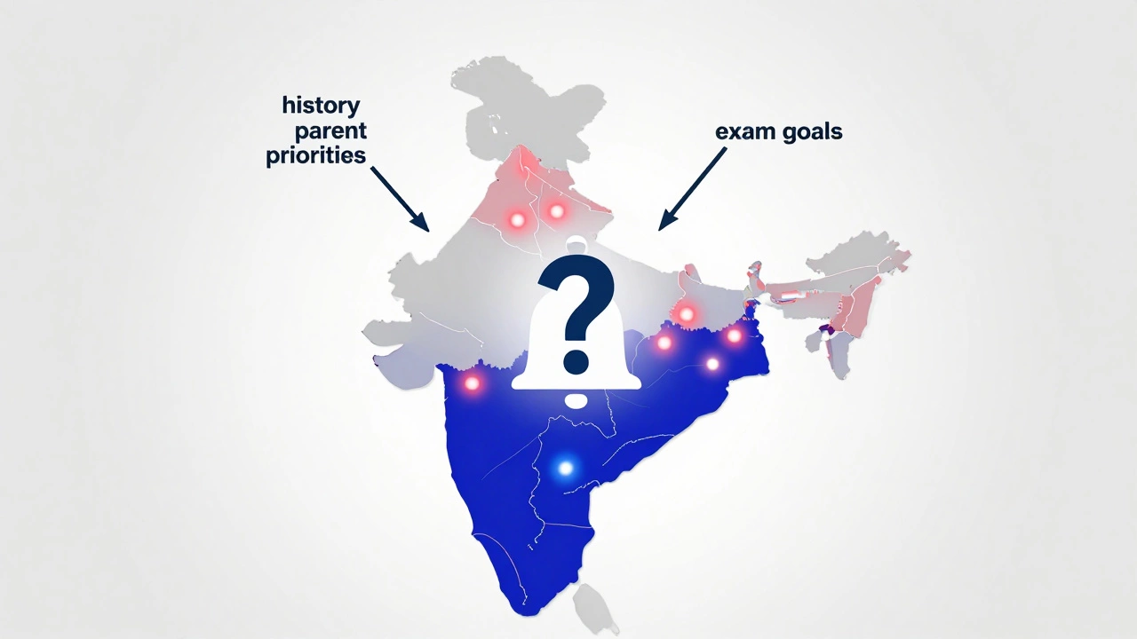 Map of India highlighting DPS campuses by board affiliation, with directional arrows indicating influencing factors.