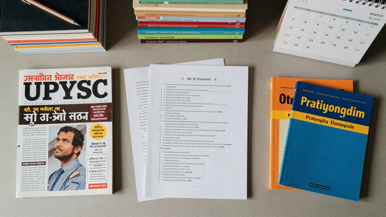 Overhead view of a structured study area with books organized for UPSC, SSC, and state exams.