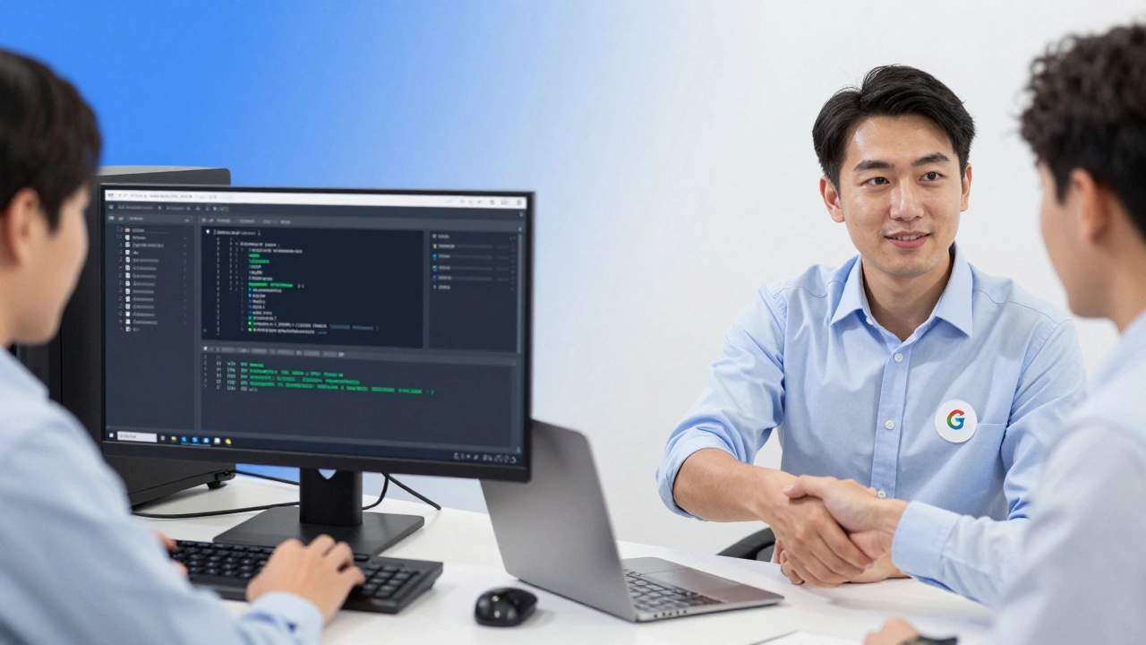 Person completing a Google certification lab and later shaking hands with a hiring manager