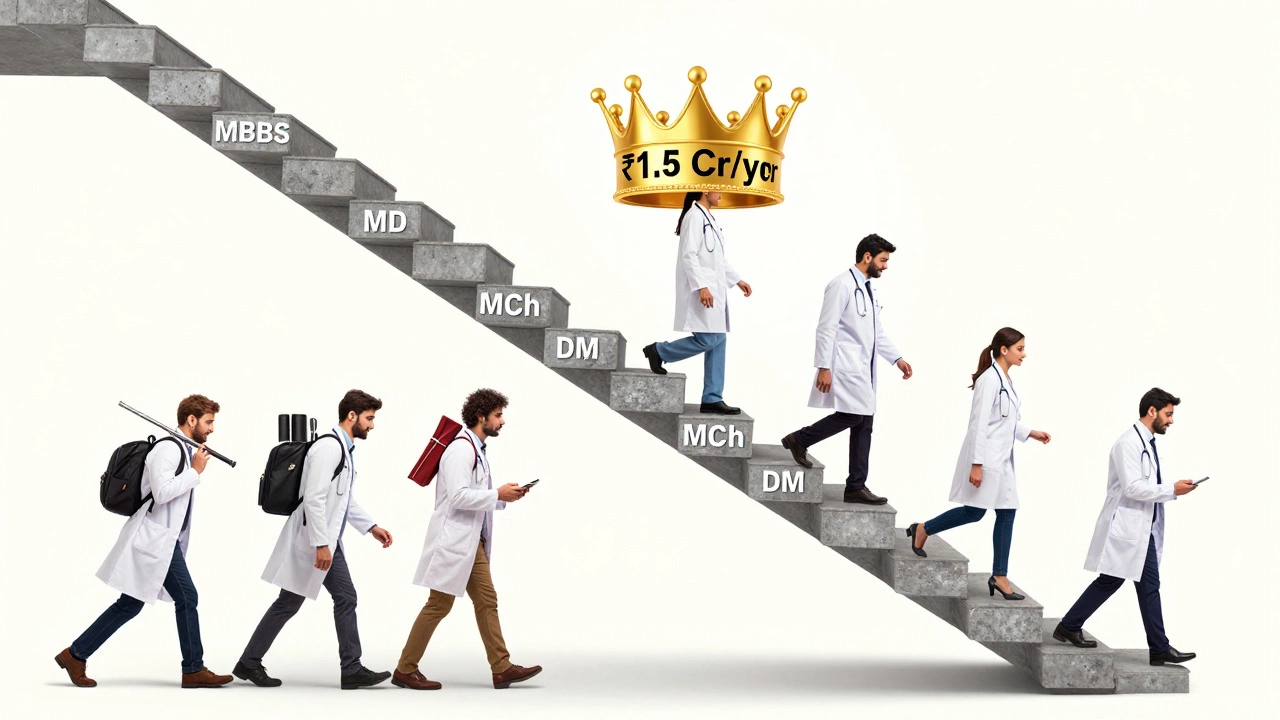 Staircase of medical specialization leading to top earnings in India's medical field.