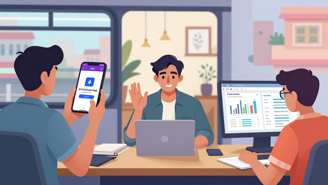 Three aspirants using different exam prep apps and websites in daily life settings across India.